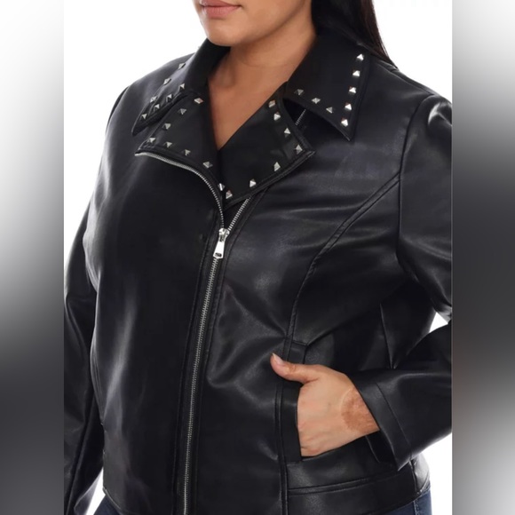 White Mark Black Faux Leather Studded Biker Waist Jacket Silver Accents … - Picture 4 of 16